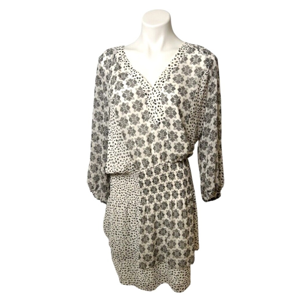 WHITE HOUSE BLACK MARKET Mixed Print Tiered Blouson Dress Size L Long Sleeve